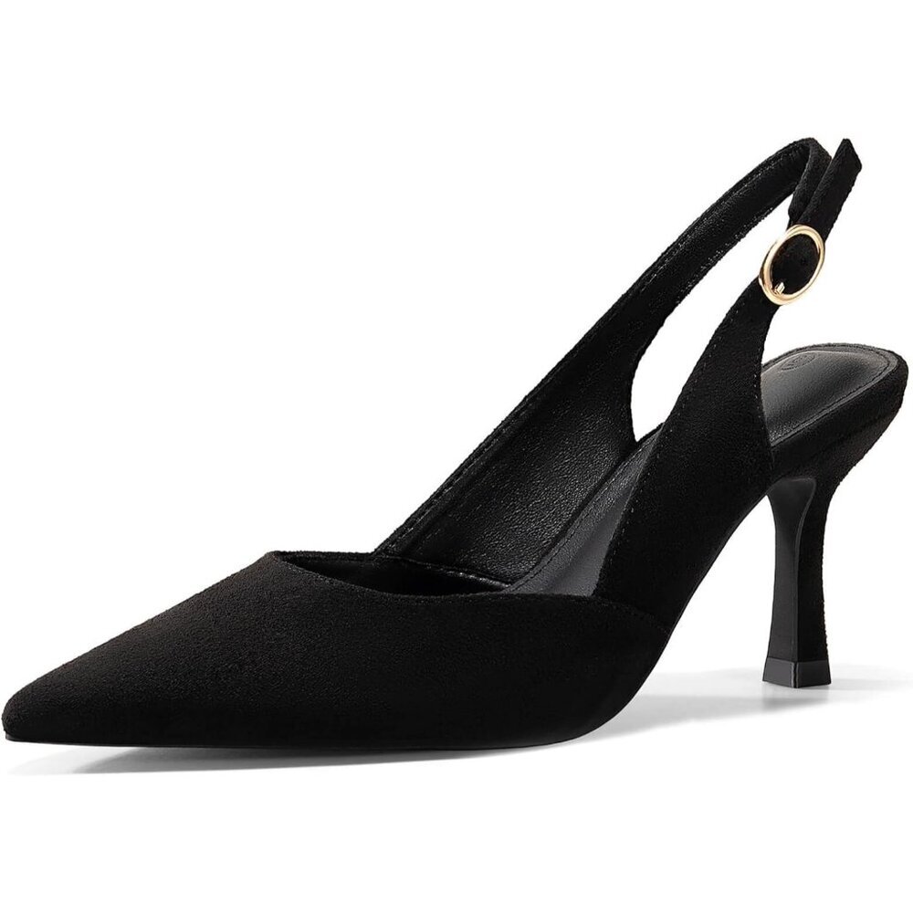 〽️Women Black Slingback Kitten Heels Closed Pointed Toe Elegant Dress Pump shoes